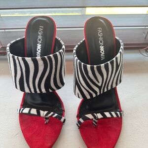 Fashion Nova Red Sandals with Zebra-Print Straps